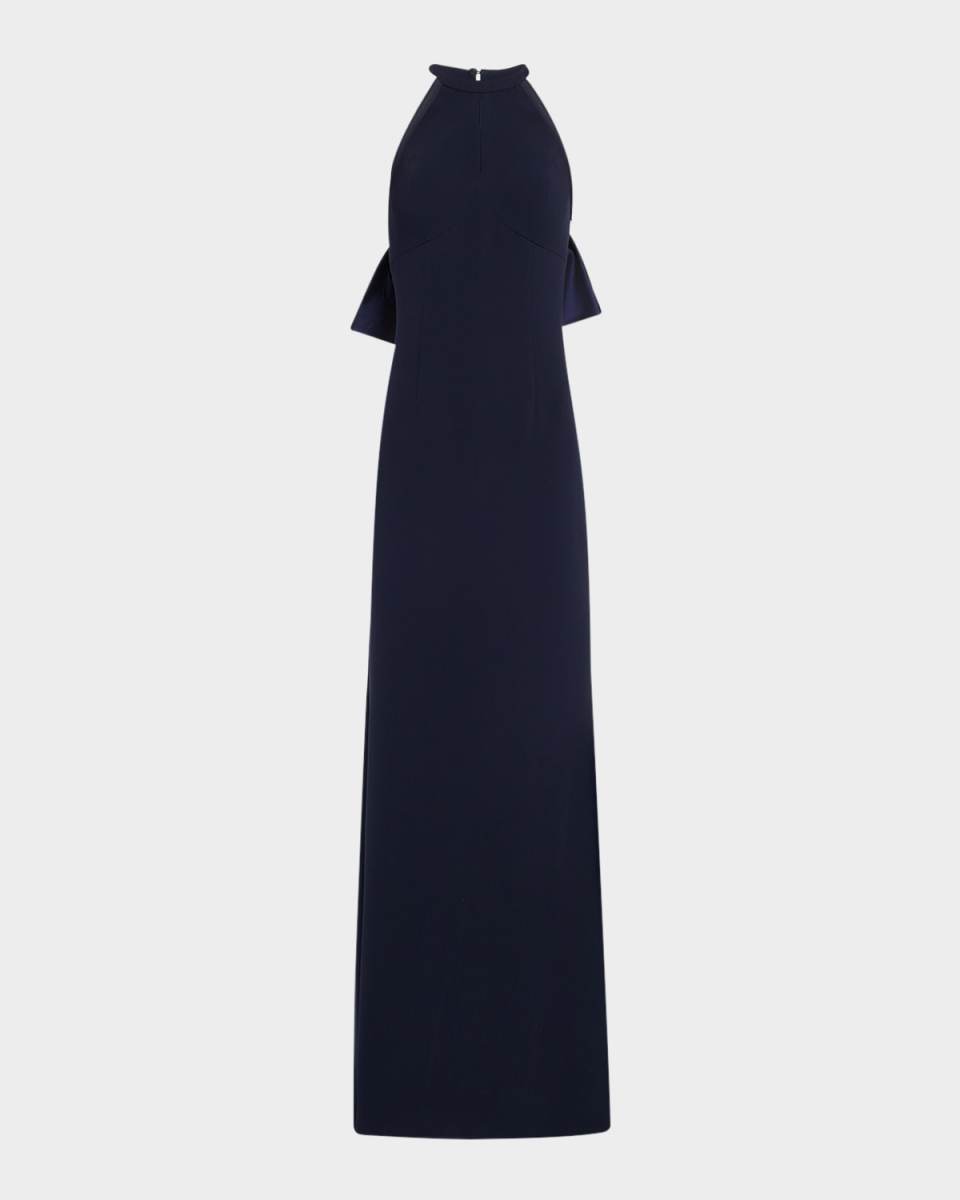 Bow-Back Crepe Halter Column Gown